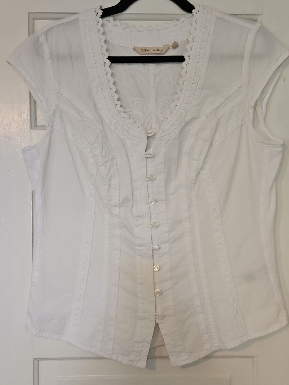 Soft Surroundings White Button-Front Cotton Cap Sleeve Top